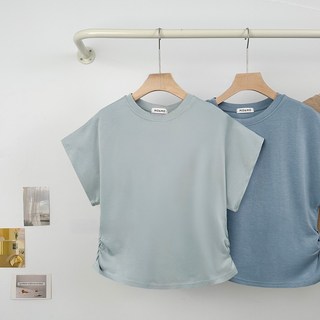 【Fee現貨10色】太空棉側抓皺上衣，韓系圓領短袖T恤，修身顯瘦女上衣，多色可選，夏季新款