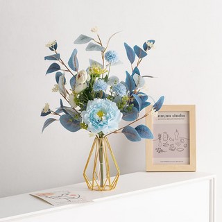 仿真花牡丹玫瑰鮮花花束假花干花家居酒店客廳擺放花桌面裝飾擺件仿真花永生花人造花乾燥花永不凋零拍照道具假花裝飾居家裝飾, 藍新款設計牡丹+花器, 1個