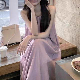 부드러운 보라색 홀터넥 원피스 여름 여성 휴가 스타일 루즈핏 슬림 A라인 롱 드레스