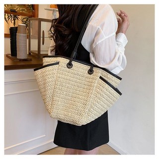 草編織包 大容量高級草編編織包包 夏季新款沙灘度假單肩托特包