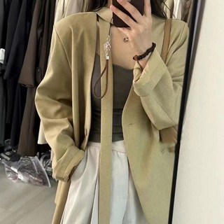 卡其色V領一粒扣西裝外套 女款春秋新款 高級感寬鬆休閒氣質西服