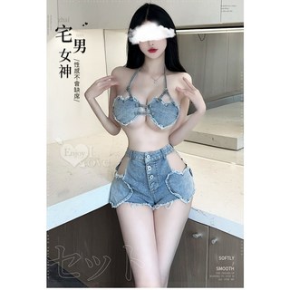 情趣牛仔 愛心造型雙線後綁帶比基尼小挖空短褲兩件組