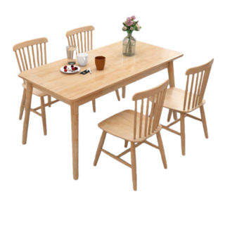樂活時代家具 全實木橡膠木餐桌椅組合, 原木色溫莎椅4張