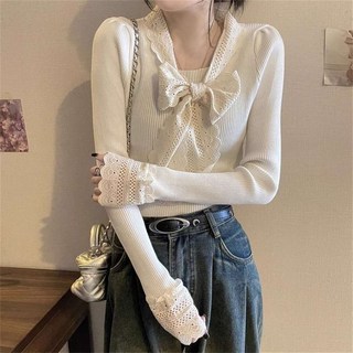 JIEVE 여성 가을 봄 긴팔 니트 레이스 블라우스 리본 장식 W18