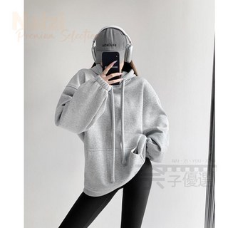 秋冬韓版粗繩慵懶風刷毛加厚連帽大學T女，寬鬆休閒大落肩中長款，美式街頭袋鼠兜加厚帽衫