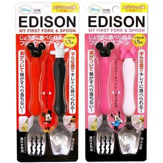 美國媽咪 日本 EDISON 迪士尼正版 幼童學習湯匙叉子組 米奇/米妮 不鏽鋼餐具組, 1個
