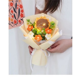 台灣現貨針織花禮盒 送燈送卡片 教師節花束 針織玫瑰花向日葵 毛線花 生日禮物, 1個, 送燈送禮盒 向日葵, 黃色
