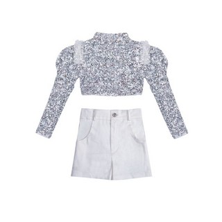 댄스복 무대의상 공연복 스팽글 방송 아이돌 공연 스트릿 대회복 어린이 키즈, B타입 실버상의+반바지(벨트제외)