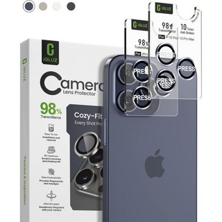 iGluz 2개 세트 반사 방지 카메라 렌즈 보호필름 아이폰 16 프로아이폰 프로 맥스 98 투과율1단계 설치 트레이강력한 흡착 9H 파손 강화 유리블랙 티타늄, Blue Titanium, iPhone 15Pro/15ProMax