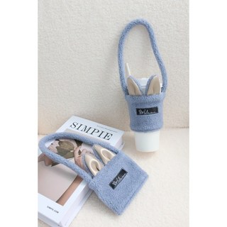 手作動物造型杯套飲料提袋 手搖飲料適用, 兔耳款-灰藍, 1個