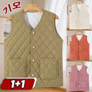 1+1 2장몪음 여성 브이넥 겨울 베스트 기모 조끼 데일리룩 중년 엄마옷 누빔 아가일 아우터 외투