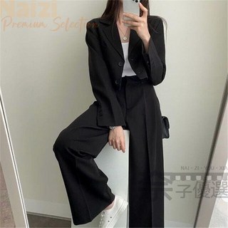 嘉義出貨 西裝套裝女 韓國chic兩件式複古翻領寬鬆西裝短外套 高腰西褲 長褲套裝女