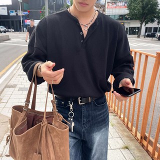 MYQ老錢風亨利領長袖T恤男士2026春季新款寬鬆通勤上衣韓系穿搭