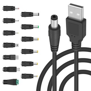 5V DC 5.5 2.1mm 잭 충전 케이블 전원 코드 USB에서 DC 전원 케이블 13 개의 교환 가능한 플러그 커넥터 어댑터, Black, 검은색, 1개