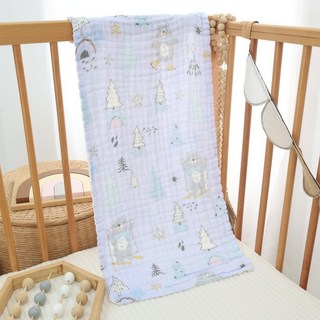 現貨 加長型寶寶六層水洗棉紗布巾 (33*70cm) 嬰幼兒泡泡棉大毛巾 卡通印花, 1個, 森林小樹&熊（約33*70cm）淡紫底