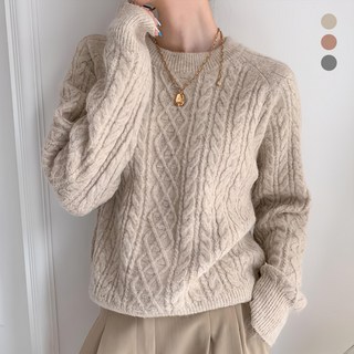 KnitNJean 女士寬鬆版型美麗諾羊毛麻花落肩阿特傑圓領針織衫