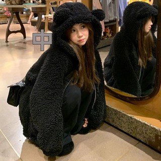 新款加絨加厚黑色耳朵羊羔毛時尚連帽衛衣，高級感慵懶風保暖外套，秋冬必備