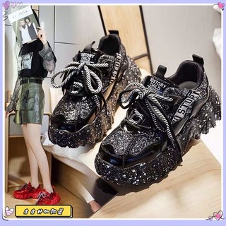 限時下殺 2023新款鞋子女春季老爹鞋防滑軟底厚底增高亮片休閒女鞋