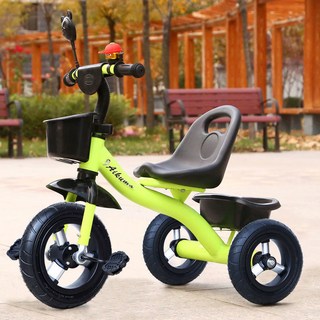 Aikuma 兒童三輪車 適合2-6歲兒童 附推桿與收納籃, 綠色鋁合金輪【加強頂配款】橡膠輪, 1個