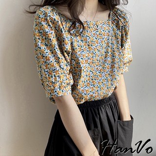 HanVo 田園風碎花平口澎澎袖上衣 韓系時髦百搭寬鬆顯瘦修身五分袖上衣 韓國女裝女生衣著 A01-1400