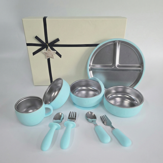 루미베베 유아 식기 실리콘 스테인리스 10종 세트 흡착 식판 이유식, 1세트, 블루