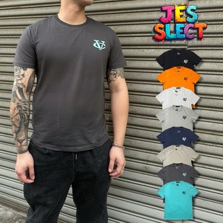 JES 韓國美式小標VC字母刺繡高彈涼感親膚潮流百搭情侶短袖T恤, 深藍,M