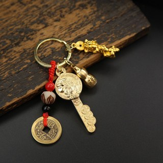 白沙屯媽祖過爐開光咬錢貔貅鑰匙扣掛件，開金庫乾道嘉鑰匙，招財補庫中式裝飾品, 咬錢貔貅鑰匙+菩提五帝錢+金色招財貔貅合, 1個