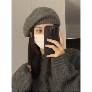 很好帶的貝雷帽慵懶風兔毛毛線畫家帽大頭圍圓臉秋冬帽子女顯臉小