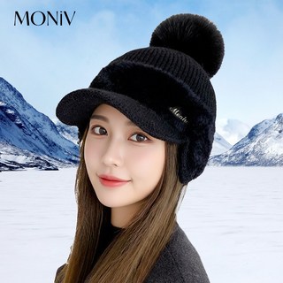 모니브 여성 겨울 골프모자 귀달이 토끼털 방한 니트, 블랙, 1개