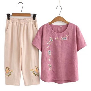 ROYALBELLE 여성 엄마옷 패션 린넨 상하세트 자수 7부소매 블라우스 밴딩 팬츠 투피스 Y052707