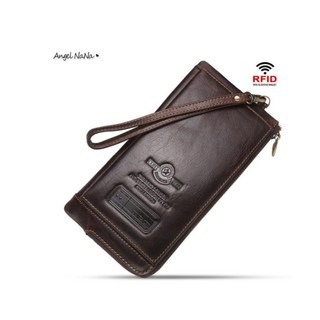 【AngelNaNa】真皮-超薄大容量防RFID男士皮夾錢包手機包附手腕帶