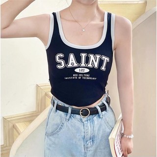 SISI附胸墊寬肩帶字母印花無袖背心：貼身撞色休閒運動性感短版上衣