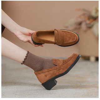 여성 스웨이드 키높이 로퍼 편안한 착용감 캐주얼 통굽 디자인 겨울용 신발 소가죽