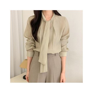 삐까삐까 시스루 버튼 리본 타이 블라우스 핀턱 셔링 텐셀 출근룩 격식룩 정장 이너 면접룩