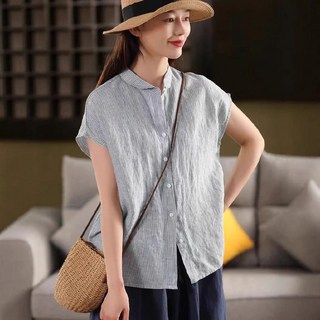 여성 빈티지 핀 스트라이프 린넨 셔츠 피터 칼라 반팔 싱글 톱 A28Z2N 원픽3