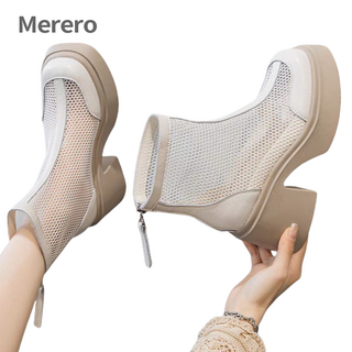 Merero 여성 통굽 워커힐 여름 얇은 망사 펀칭 힐 7cm 키 작은 키높이 신발