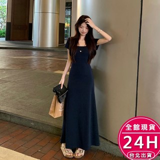 梨卡 女裝長裙洋裝 有胸墊方領短袖收腰顯瘦舒適連身裙百搭洋裝【現貨24H】, 豆綠色【有胸墊】,M-現貨馬上出貨