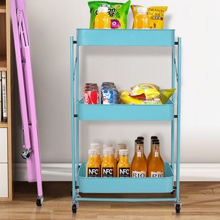 免安裝折疊小推車廚房移動式家用落地多層收納折疊儲物架子, 白色,附扶手
