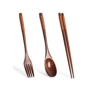 日式木製餐具組 天然木筷 木湯匙 木叉 環保和風餐具 婚禮小物首選, 1個, 楠木餐具3件組, 棕色, 組合餐具