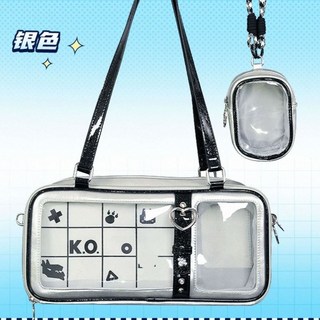 臺灣出貨 熱賣 原創設計小貓鬥惡龍痛包學生二次元日常穀子娃包手提單肩斜挎包包, 銀色+扎板（無娃包吧唧包）,包包+肩帶