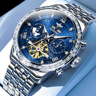 OUPINKE 남성 시계 정품 자동 기계식 오토매틱 럭셔리 명품 워터프루프 야광 메탈 큐빅 다기능 별이 손목