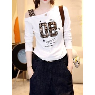 大碼胖MM豹紋印花斜肩白色長袖T恤 早秋純棉顯瘦打底時尚上衣