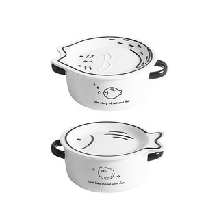 BLOWFISHFUGU 귀여운 고양이 양손 스프볼 라면그릇 손잡이라면그릇 뚜껑라면기, 2개, 화이트A+화이트B