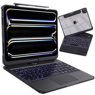 AITEWO 아이패드 키보드 케이스 일체형 360도 회전 다각도 조절 투명 케이스 트랙패드 세트 펜슬수납 한국어 매직키보드 에어/프로 10.9/11/12.9/13인치 호환, 퓨어 블랙, 1개