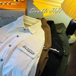 復古燈芯絨襯衫 寬鬆VIBE日系英文小LOGO長袖襯衣 外搭上衣 四色M-3XL 韓系基礎