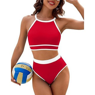 2026歐美女游泳衣高腰比基尼套裝純色拼接運動泳衣兩件套掛脖泳裝, L