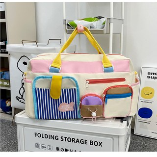 新款高級感小衆短途旅行包女大容量行李袋手提包待產包撞色健身包, 1個, 條紋拼色