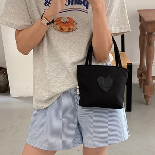 韓國ins小眾尼龍迷你上班小拎包可愛手提包環保布袋小包手機包女, 愛心皮標黑迷你
