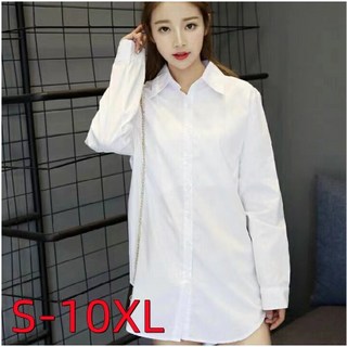 S-10XL 大尺碼雪紡襯衫 白色長版襯衫 長袖男友風