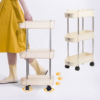 크리미 파스텔 4단 이동식 트롤리 서랍장 선반 무빙 카트 틈새 수납장, 크림